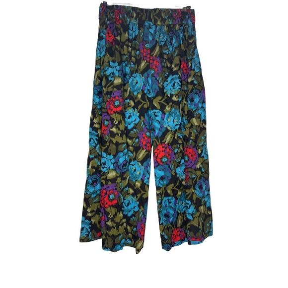Laurissa Pants - VTG Laurissa Black Turquoise Floral Wide Leg Cropped Culottes Women's Size Small